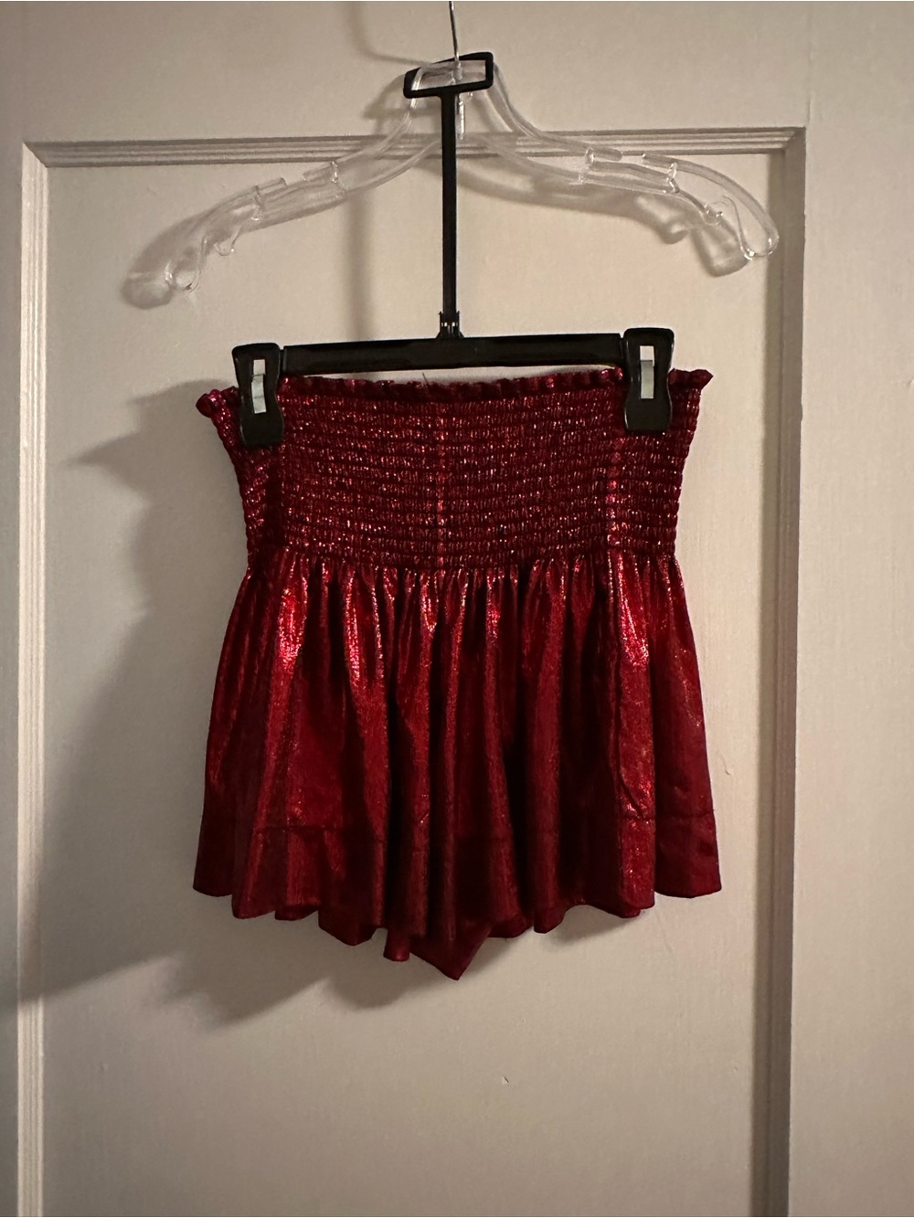 QUEEN OF SPARKLES Shimmery Red High-Waist Smocked Shorts
